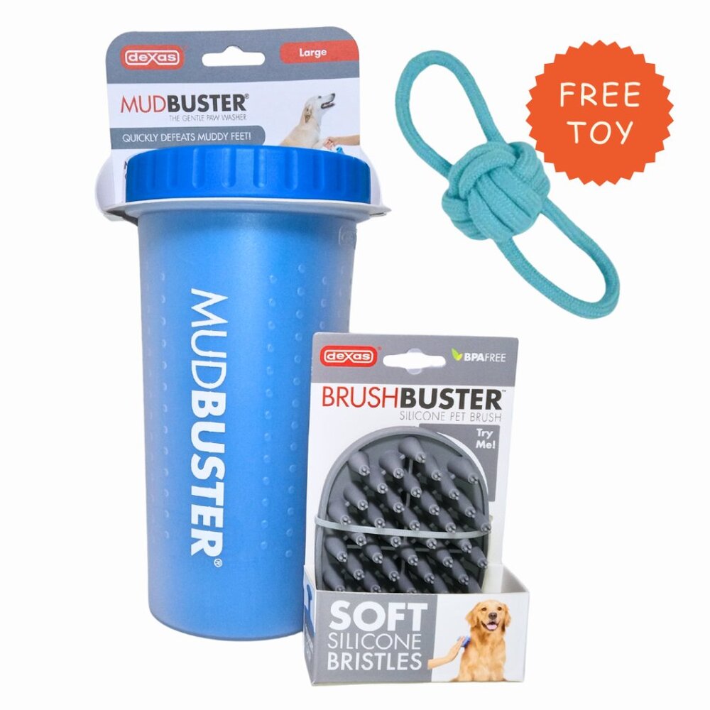 New Large Mudbuster Dog Paw Cleaner and Silicon Pet Brush + FREE Toy Bundle